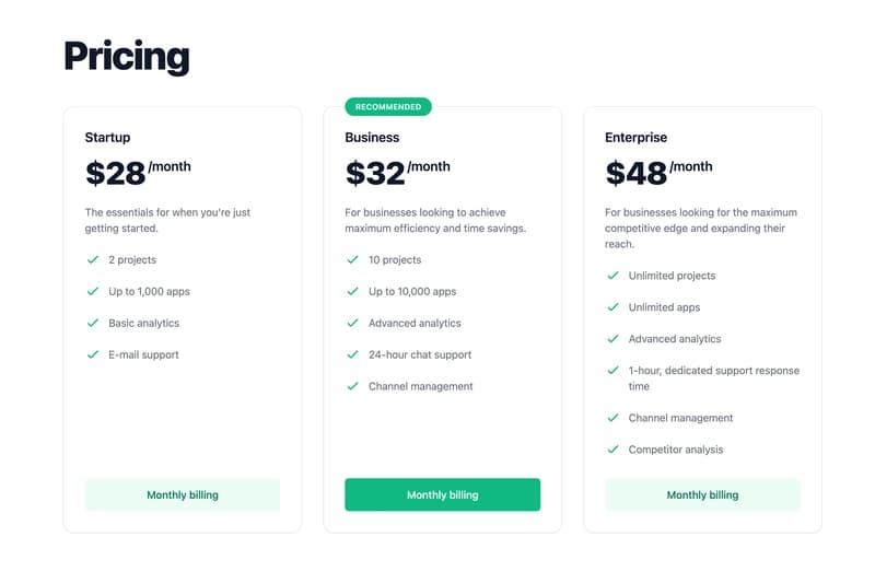 Clean SaaS landing page with Stripe pricing table