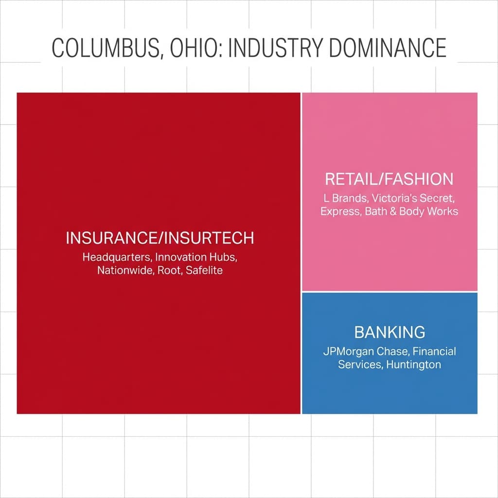 Chart showing Columbus Industry Dominance: Insurance (Red), Retail (Pink), Banking (Blue)