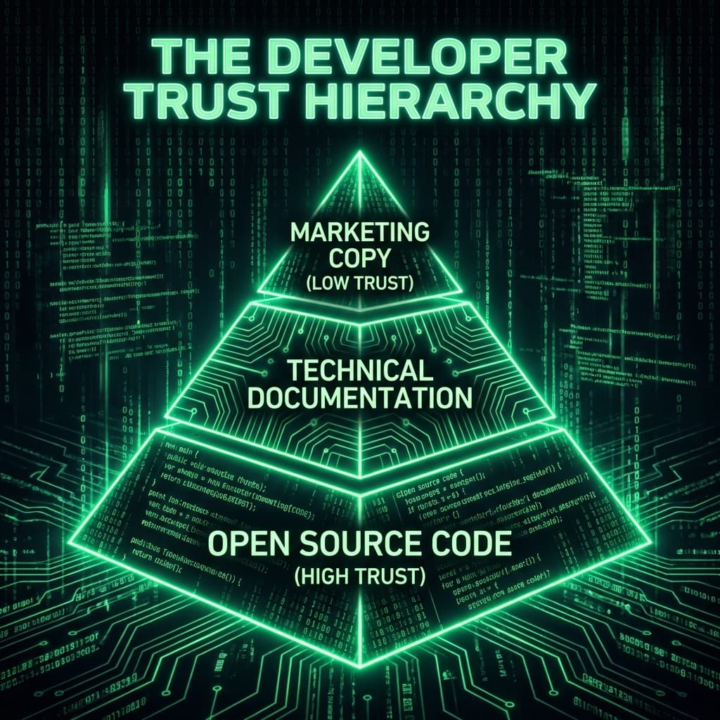 The Developer Trust Pyramid: Open Source (Base) > Docs > Marketing (Tip)