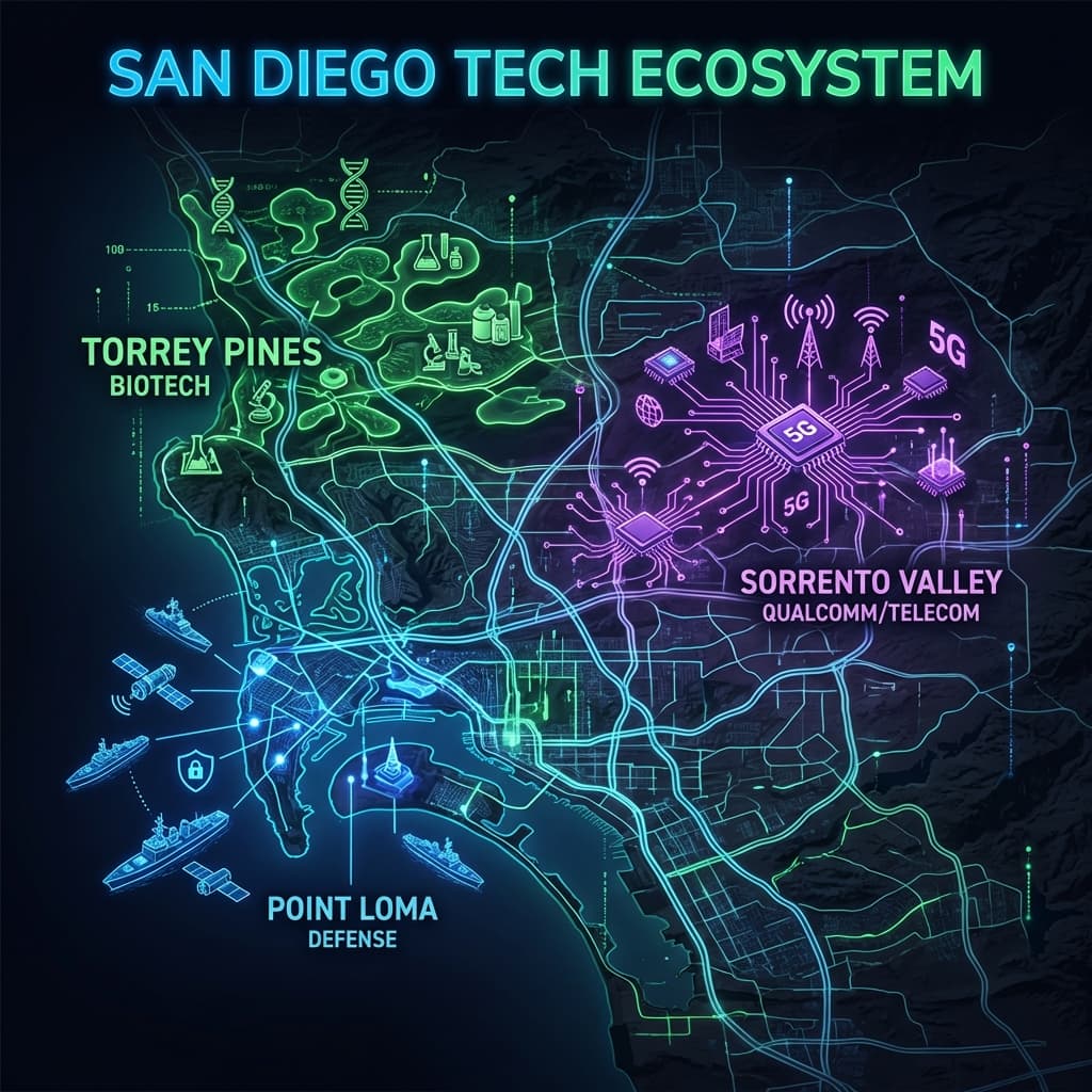 Map of San Diego Tech Clusters: Biotech (Torrey Pines), Defense (Point Loma), Telecom (Sorrento Valley)