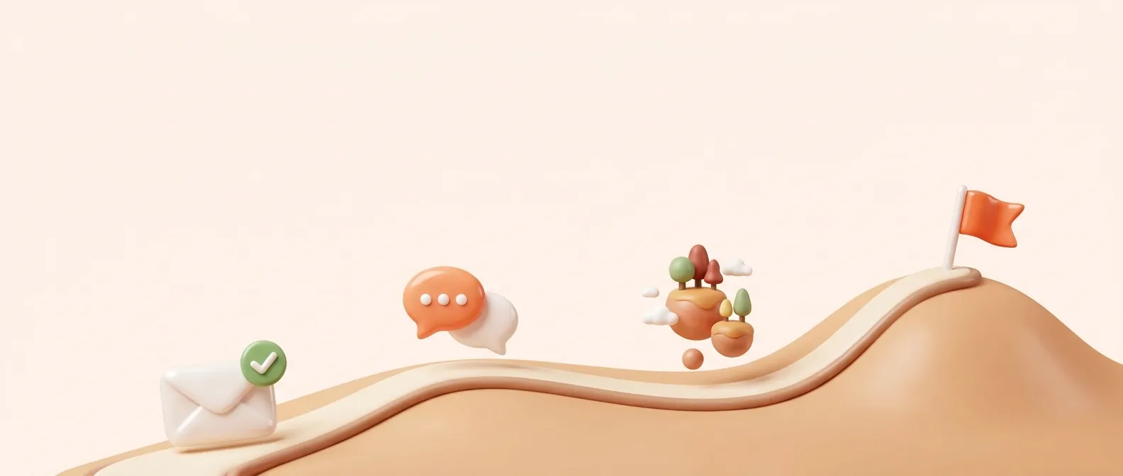 A winding path from an envelope with a green check, past speech bubbles and floating islands, up to an orange flag on a hilltop