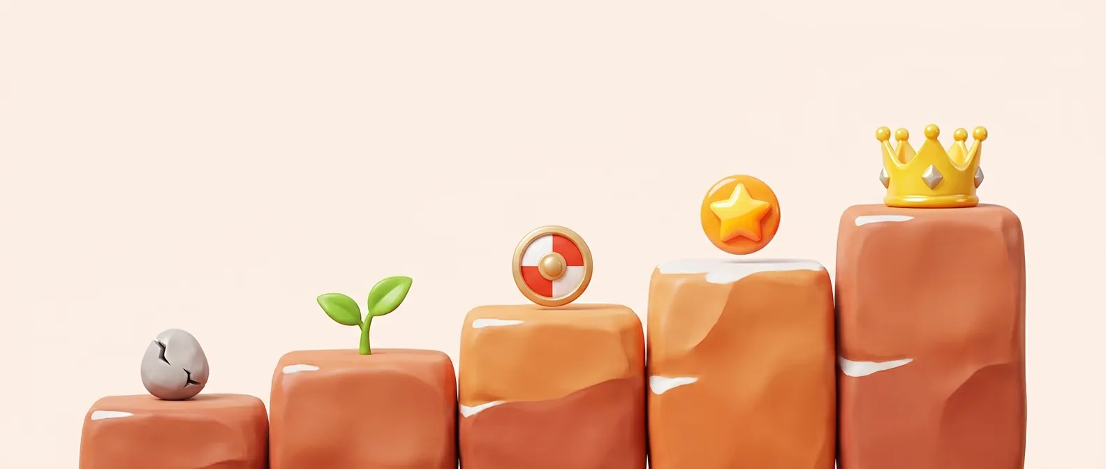 Five clay steps rising left to right: a cracked pebble, a sprout, a shield, a star coin and a golden crown, one for each CQS tier